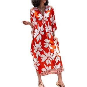 Women's Orange White V-neck Batwing Sleeve Flowy Split Hem Bohemian Kaftan Dress